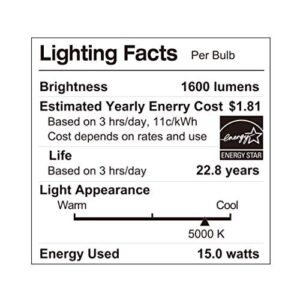 LUNO A21 Dimmable LED Bulb, 15W (100W Equivalent), 1600 Lumens, 5000K (Daylight), Medium Base (E26), UL & Energy Star (4-Pack)