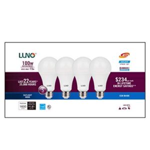 LUNO A21 Dimmable LED Bulb, 15W (100W Equivalent), 1600 Lumens, 5000K (Daylight), Medium Base (E26), UL & Energy Star (4-Pack)