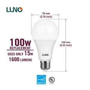 LUNO A21 Dimmable LED Bulb, 15W (100W Equivalent), 1600 Lumens, 5000K (Daylight), Medium Base (E26), UL & Energy Star (4-Pack)