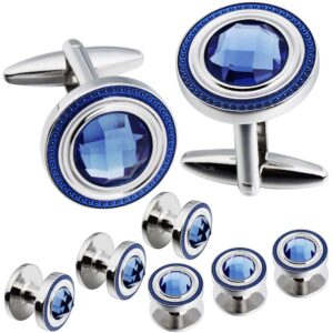 Crystal Cufflinks and Studs Sets for Men's Tuxedo Shirts with Gift Box - One Pair Cufflinks with 6 pcs Studs - Blue