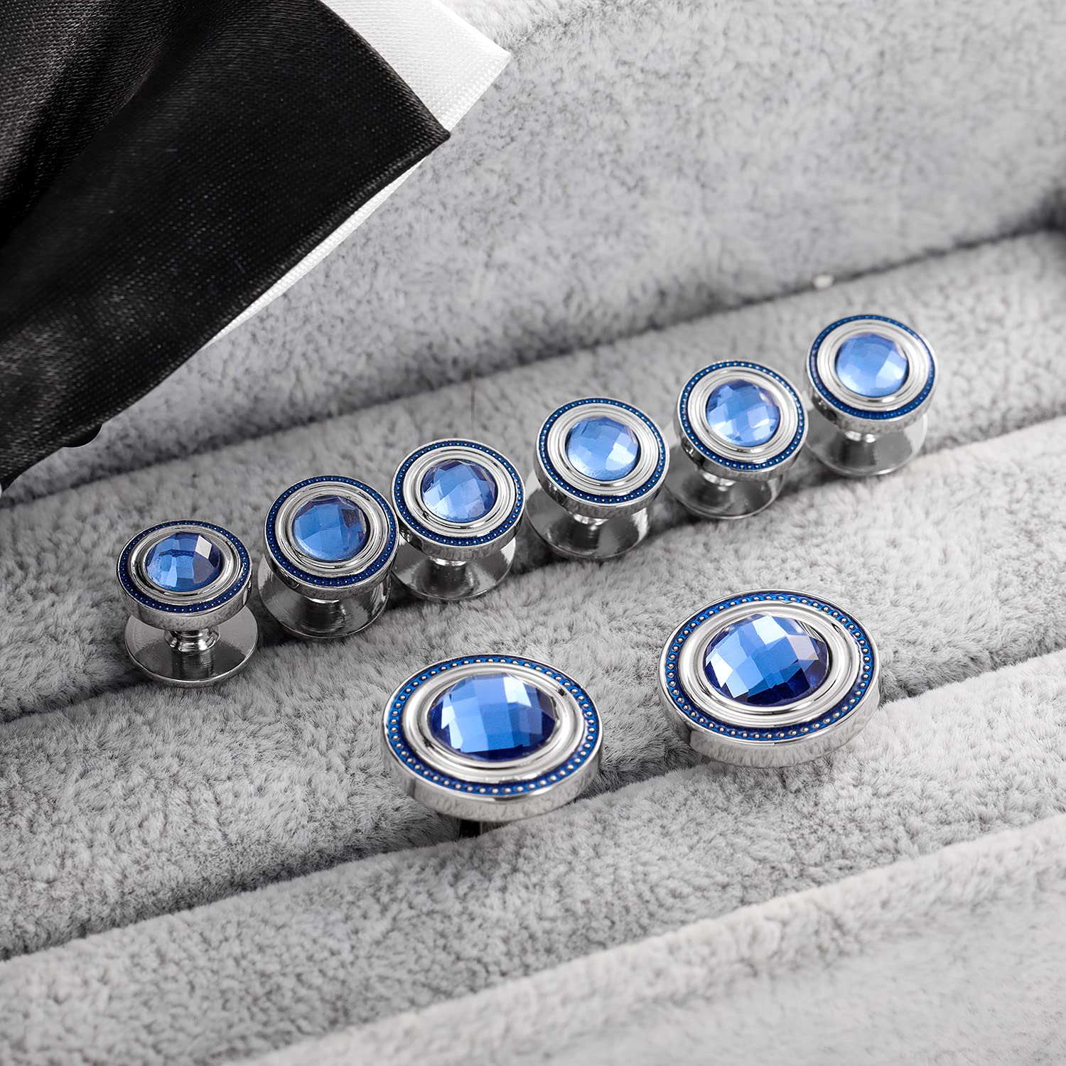 Crystal Cufflinks and Studs Sets for Men's Tuxedo Shirts with Gift Box - One Pair Cufflinks with 6 pcs Studs - Blue