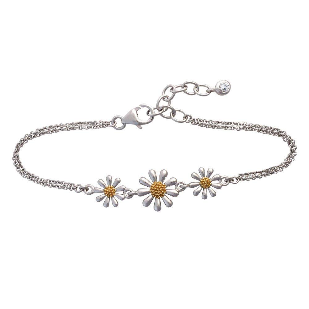 Paul Wright 925 Sterling Silver Daisy Bracelet, Three Daisies with 18ct Gold Plated Centres, Double Chain, 6.5” Plus 1” Extender