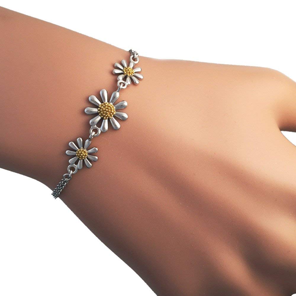 Paul Wright 925 Sterling Silver Daisy Bracelet, Three Daisies with 18ct Gold Plated Centres, Double Chain, 6.5” Plus 1” Extender