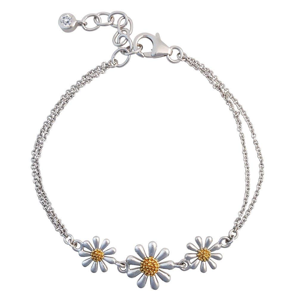 Paul Wright 925 Sterling Silver Daisy Bracelet, Three Daisies with 18ct Gold Plated Centres, Double Chain, 6.5” Plus 1” Extender