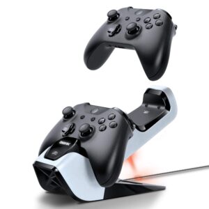 bionik power stand xbox controller charger station: store and fast charge 2 wireless xbox one/s/elite controllers, power adapter and 2 battery packs included, back lit status indicators