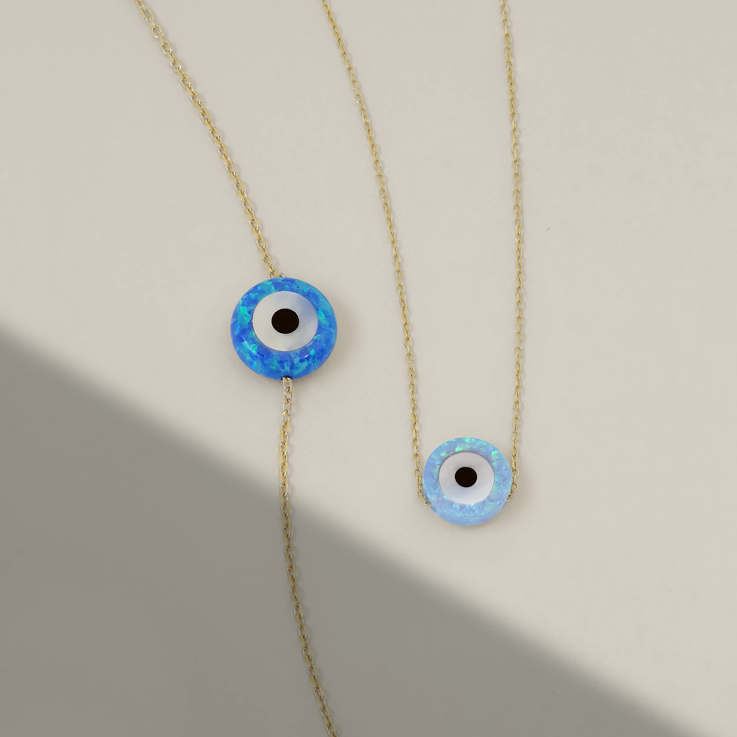 14k Solid Gold Turquoise Evil Eye Necklace | 14k Yellow Gold Opal Nazar Necklaces for Women | Round Pendant Necklace | Delicate October Birthstone Jewelry | Gifts for Christmas, 18"