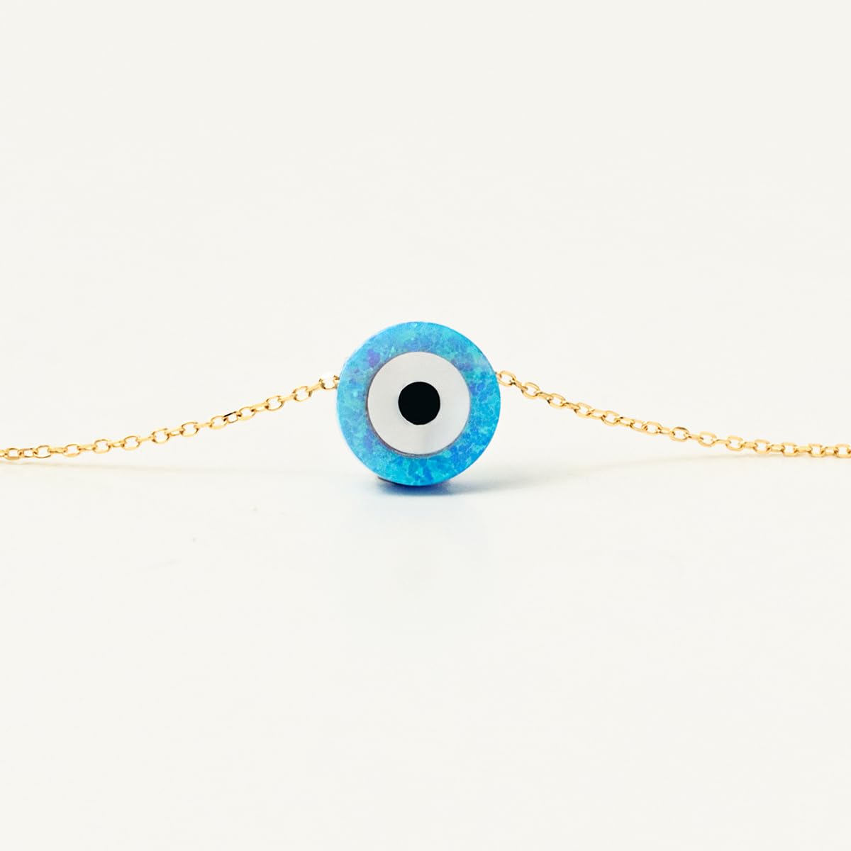 14k Solid Gold Turquoise Evil Eye Necklace | 14k Yellow Gold Opal Nazar Necklaces for Women | Round Pendant Necklace | Delicate October Birthstone Jewelry | Gifts for Christmas, 18"