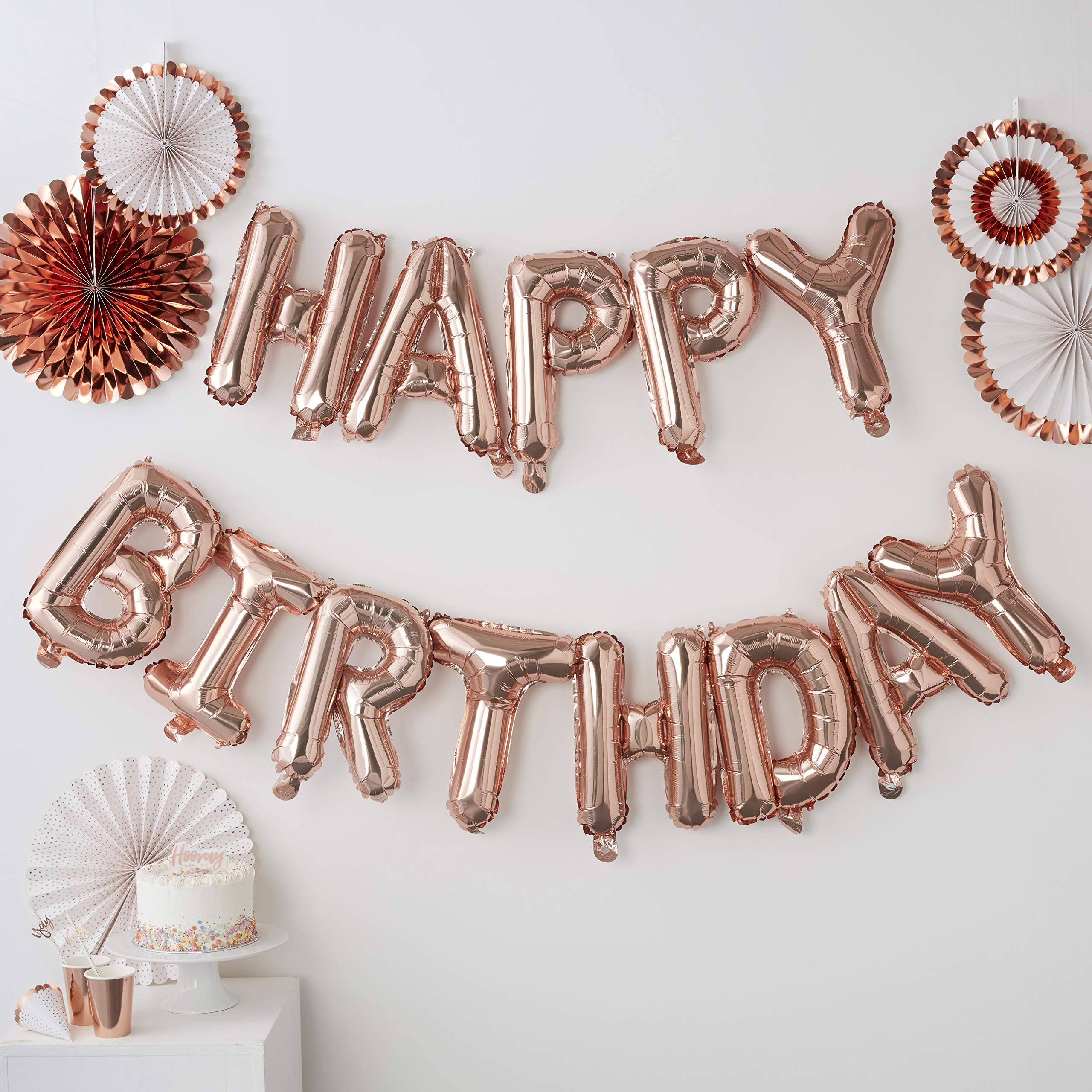 Ginger Ray Rose Gold Happy Birthday Balloon Party Hanging Bunting No Helium Needed