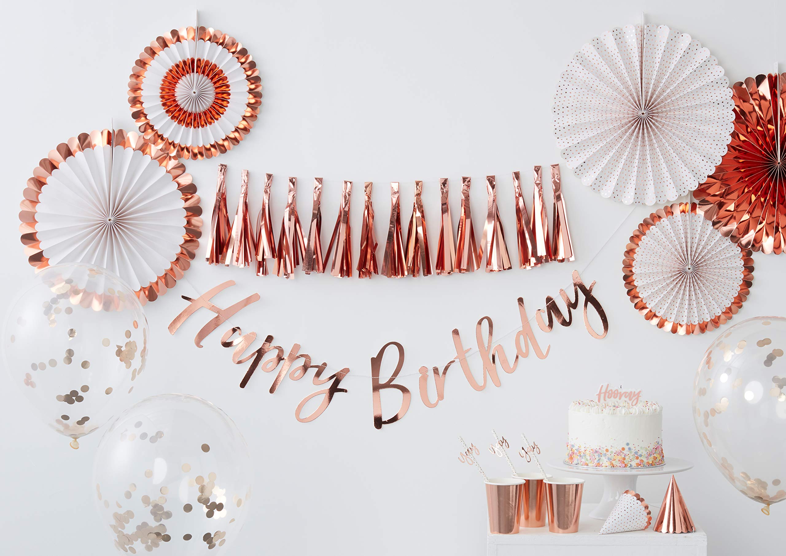 Ginger Ray Rose Gold Happy Birthday Balloon Party Hanging Bunting No Helium Needed