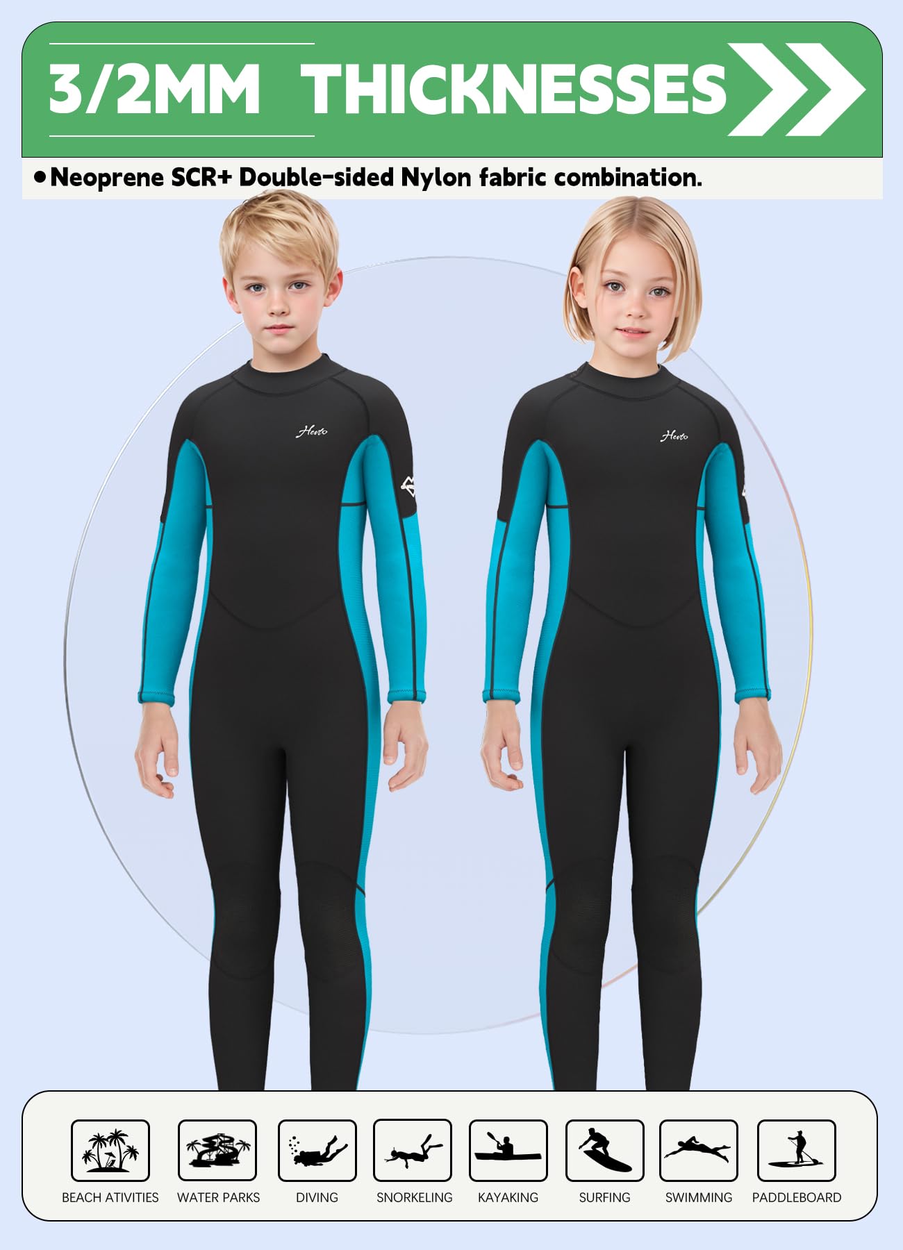 Hevto Wetsuits Kids 3/2mm Neoprene Full Wet Suit Thermal Children Boy Youth Girl Toddler for Swimming Water Sports (K01-Blue, 12)