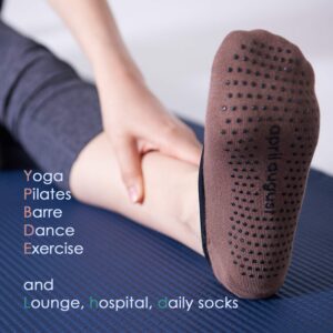 Aprilaugust Yoga Socks with Non Slip Grips & Leopard Strap, Perfect for Pilates, Barre, Ballet (Brown leopard strap (1pair), Medium)