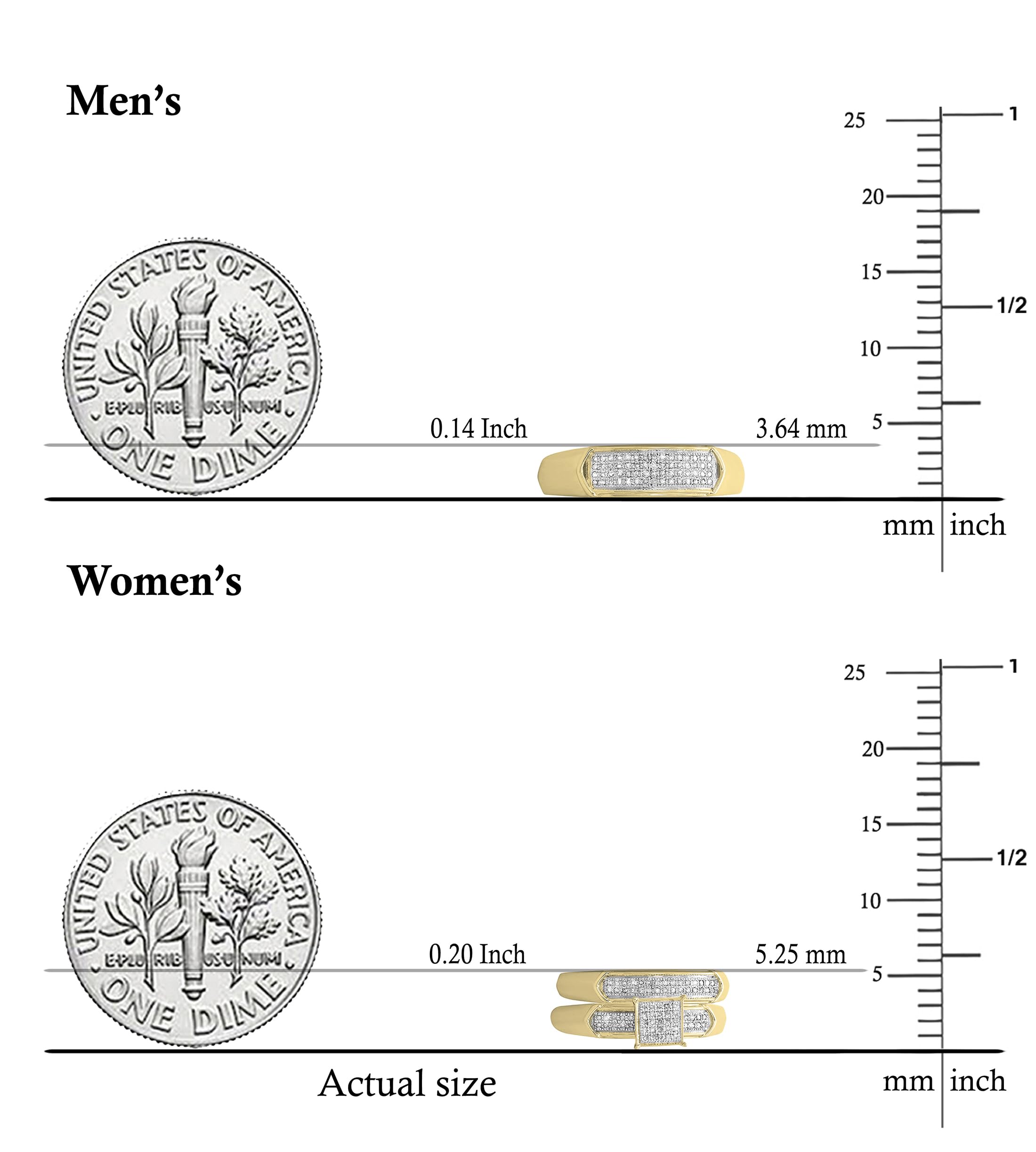 Dazzlingrock Collection 0.30 Carat Round White Diamond Square Micro Pave Wedding Trio Ring Set in 18K Yellow Gold Plated Sterling Silver, Women size 7 and Men size 10