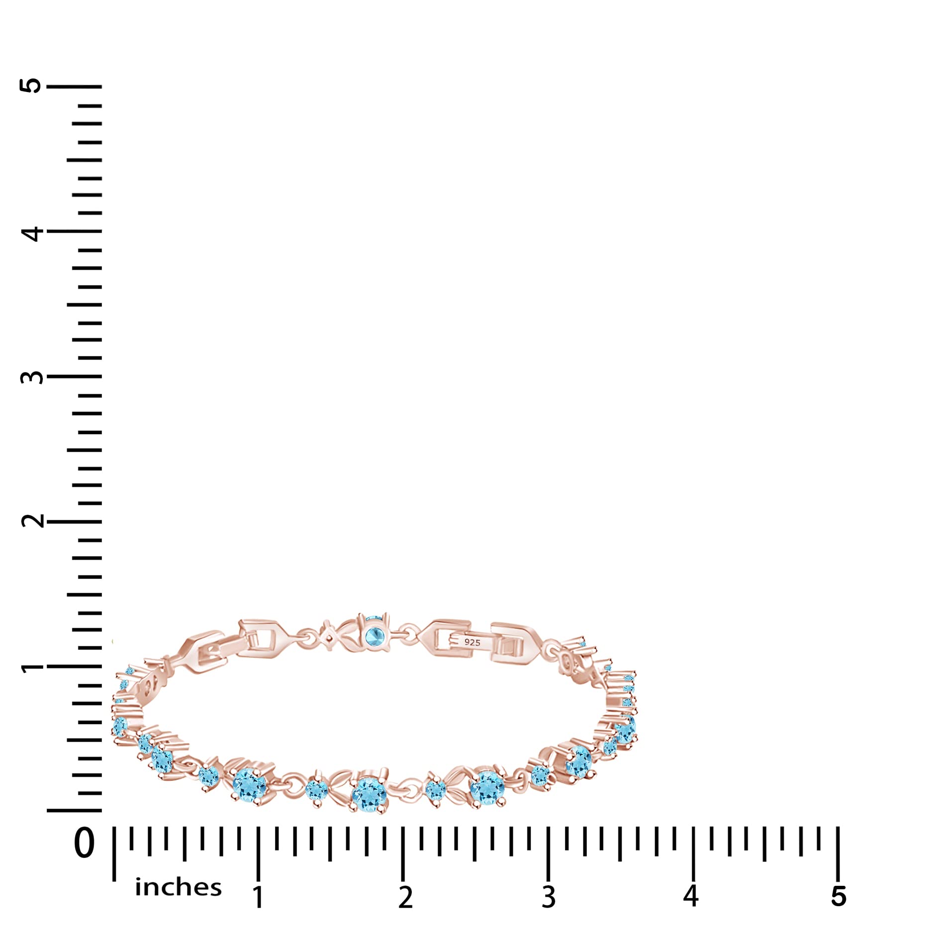 AFFY 14k Rose Gold Over Sterling Silver Leaf Shape Tennis Bracelet Round Shape Simulated Aquamarine 7.25"