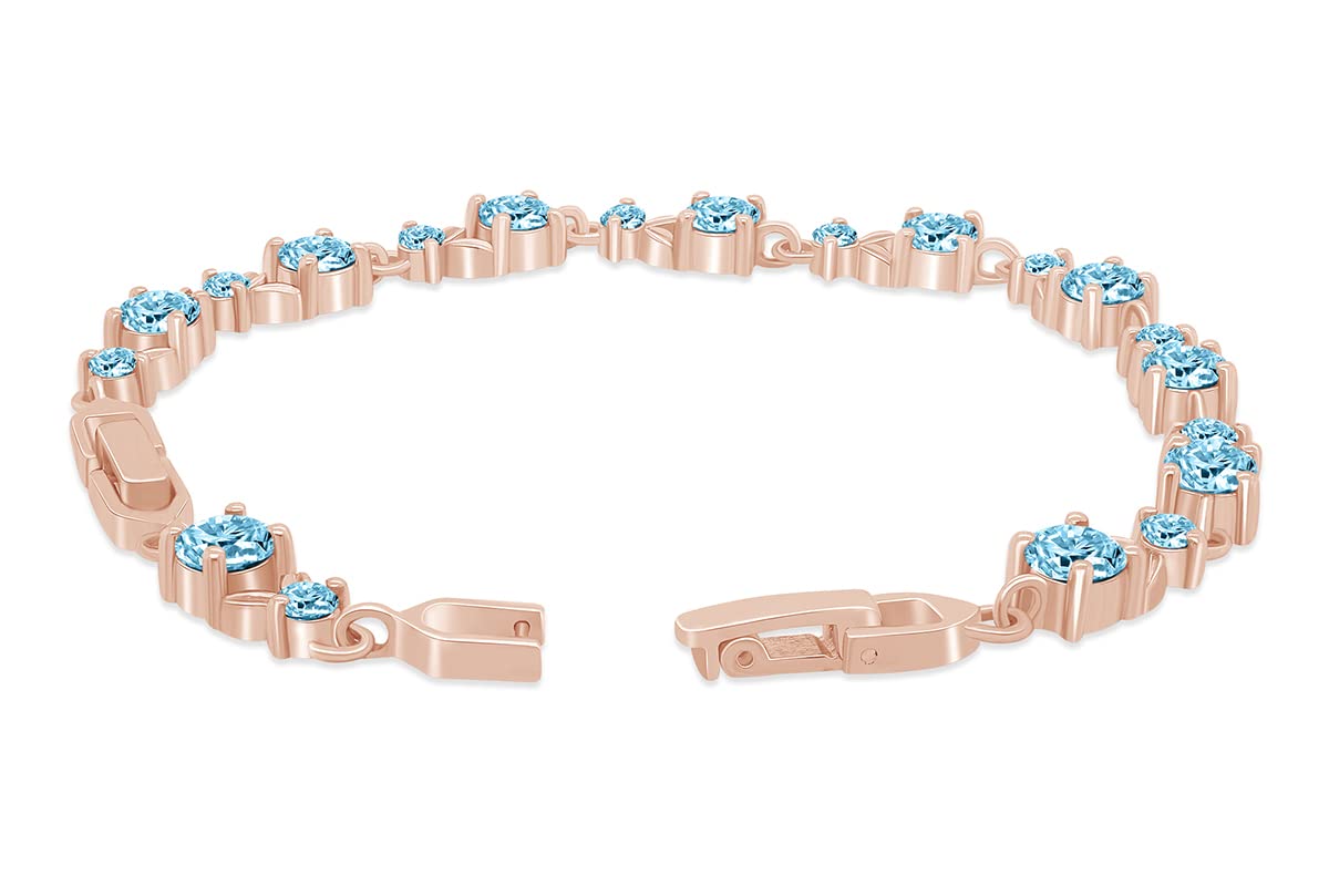 AFFY 14k Rose Gold Over Sterling Silver Leaf Shape Tennis Bracelet Round Shape Simulated Aquamarine 7.25"