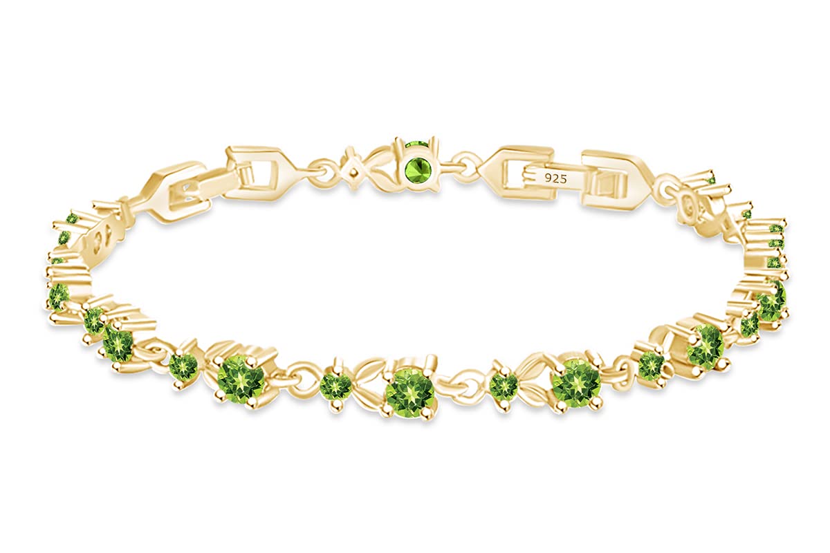 AFFY 14k Yellow Gold Over Sterling Silver Leaf Shape Tennis Bracelet Round Shape Simulated Peridot 7.25"