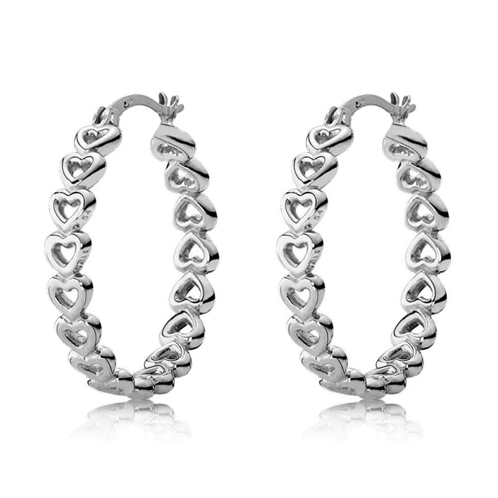 LeCalla Sterling Silver Heart Hoop Earrings Jewelry Rhodium Plated Love Heart Linked Hoop Earring for Women