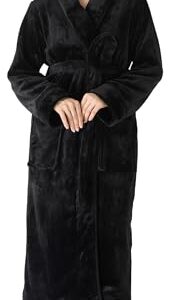 NY Threads Women's Fleece Shawl Collar Bathrobe Plush Long Spa Robe, Large, Black