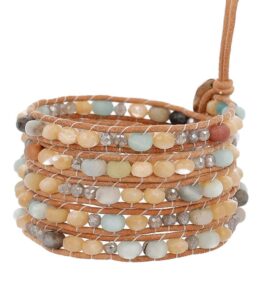 chan luu matte multi color mineral stone beaded light brown leather silvertone wrap bracelet