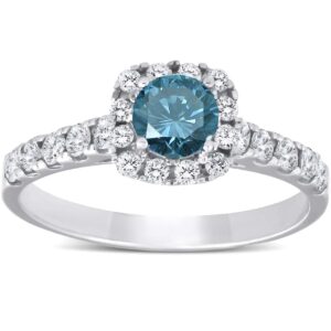 1 ct blue diamond cushion halo engagement ring 14k white gold - size 7