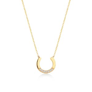 Diamond Horseshoe Necklace | 14k Yellow Gold U-Shaped Necklaces for Women | 14k Solid Gold Animal Pendant Necklace | Dainty Nature Themed Jewelry | Gifts for Christmas, 18"