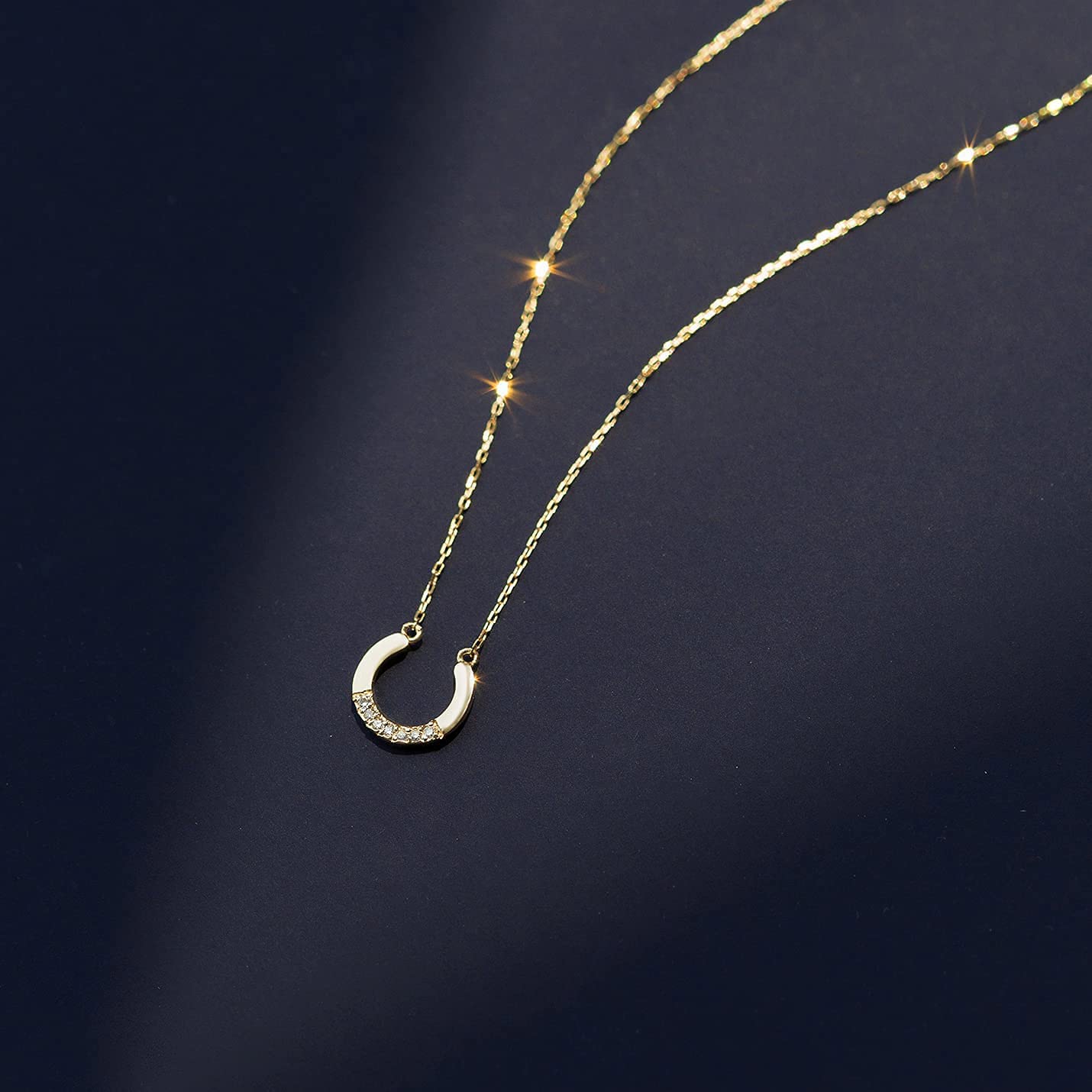 Diamond Horseshoe Necklace | 14k Yellow Gold U-Shaped Necklaces for Women | 14k Solid Gold Animal Pendant Necklace | Dainty Nature Themed Jewelry | Gifts for Christmas, 18"