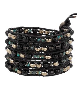 chan luu black & goldtone with green mineral stone beaded black leather silvertone wrap bracelet