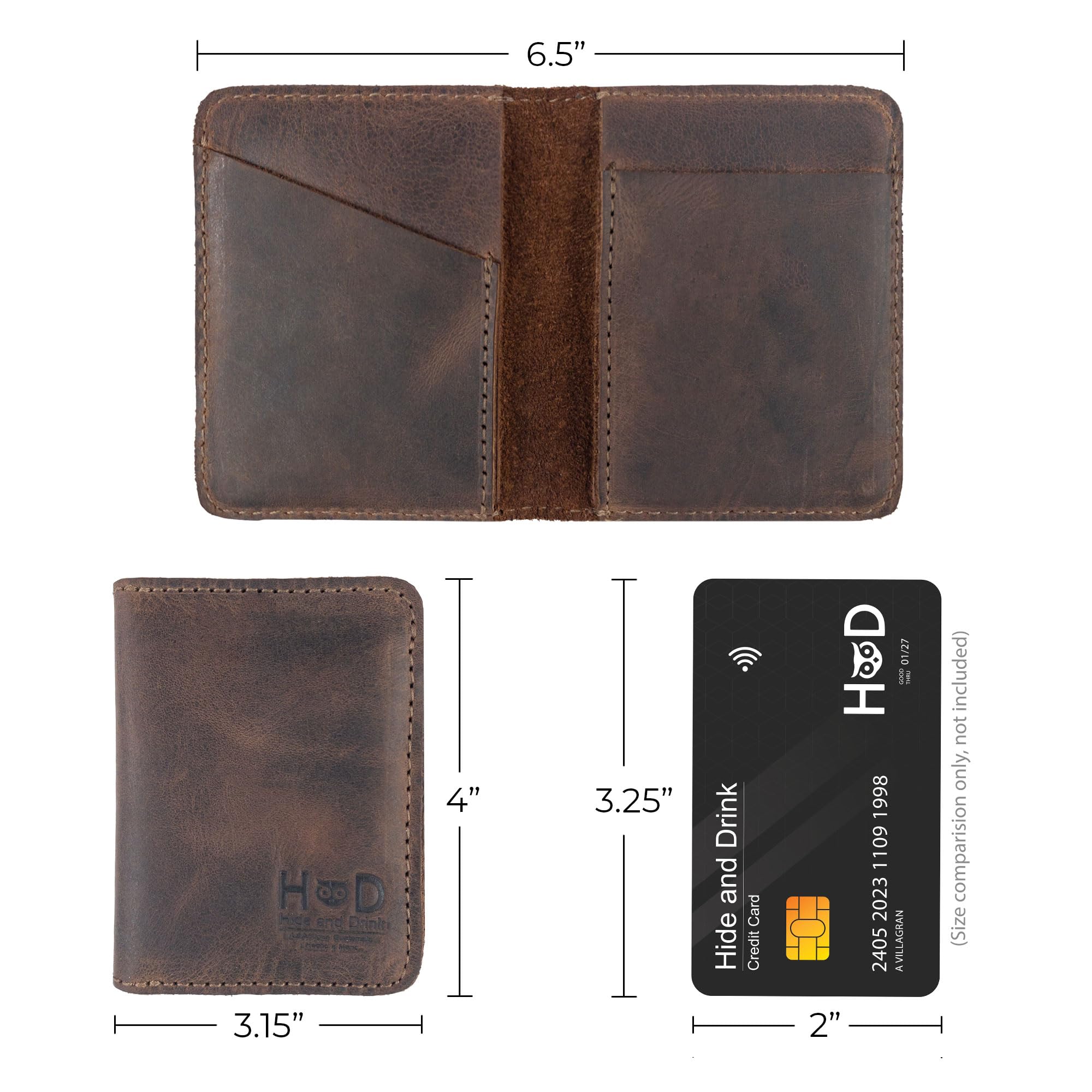 Hide & Drink, Bifold Wallet, Slim Card Holder, Minimalist Traveler Wallet, Vintage Front Pocket Wallet, Full Grain Leather, Handmade, Bourbon Brown