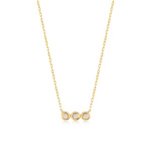 diamond three stone necklace | 14k yellow gold bezel set necklaces for women | 14k solid gold pendant necklace | delicate diamond jewelry | gifts for christmas, 18"