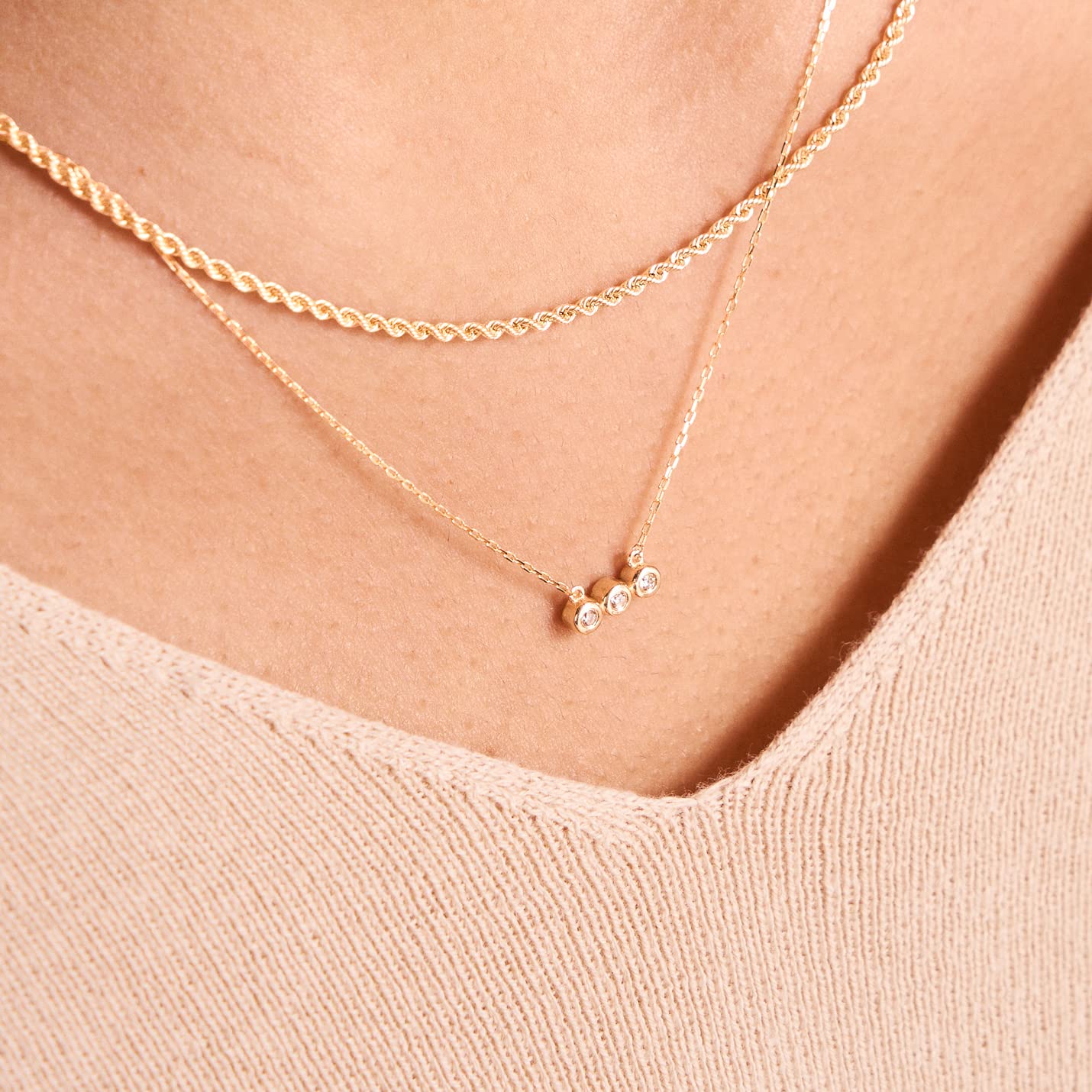 Diamond Three Stone Necklace | 14k Yellow Gold Bezel Set Necklaces for Women | 14k Solid Gold Pendant Necklace | Delicate Diamond Jewelry | Gifts for Christmas, 18"