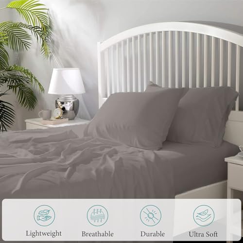 Bunny's Home King Size Sheet Set 1000 Thread Count Light Grey Sheets Egyptian Cotton Cooling Bed Sheets 17 inch Deep Pocket Fitted Sheet 1 Flat Sheet & 2 Pillow Cases 4 Piece Sateen Weave Bedding