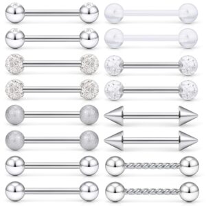 scerring 8 pairs 14g stainless steel clear cz nipple ring tongue straight barbell rings bars retainer body piercing jewelry for women men 9/16inch silver