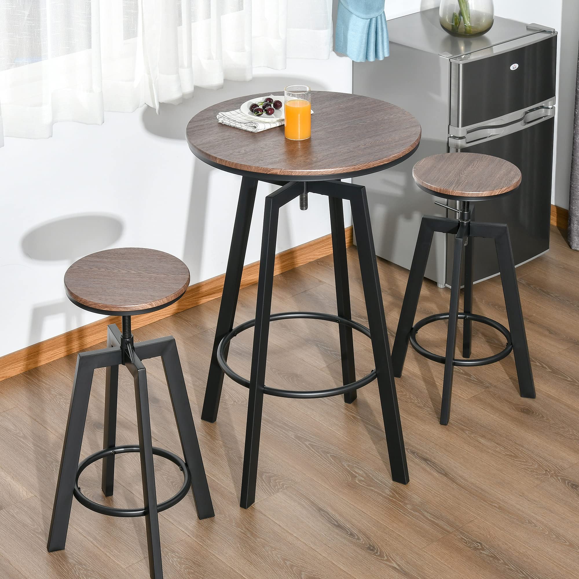 HOMCOM 3 Piece Industrial Adjustable Bar Table Set, Bar Height Bistro Table and Swivel Pub Stools for Small Space