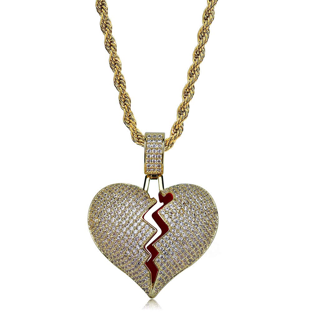 MOLEK Iced Out Hip Hop Jewelry Gifts 18K Gold Plated Micro Pave Bling CZ Broken Heart Pendant Necklace (Gold)