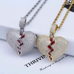 MOLEK Iced Out Hip Hop Jewelry Gifts 18K Gold Plated Micro Pave Bling CZ Broken Heart Pendant Necklace (Gold)