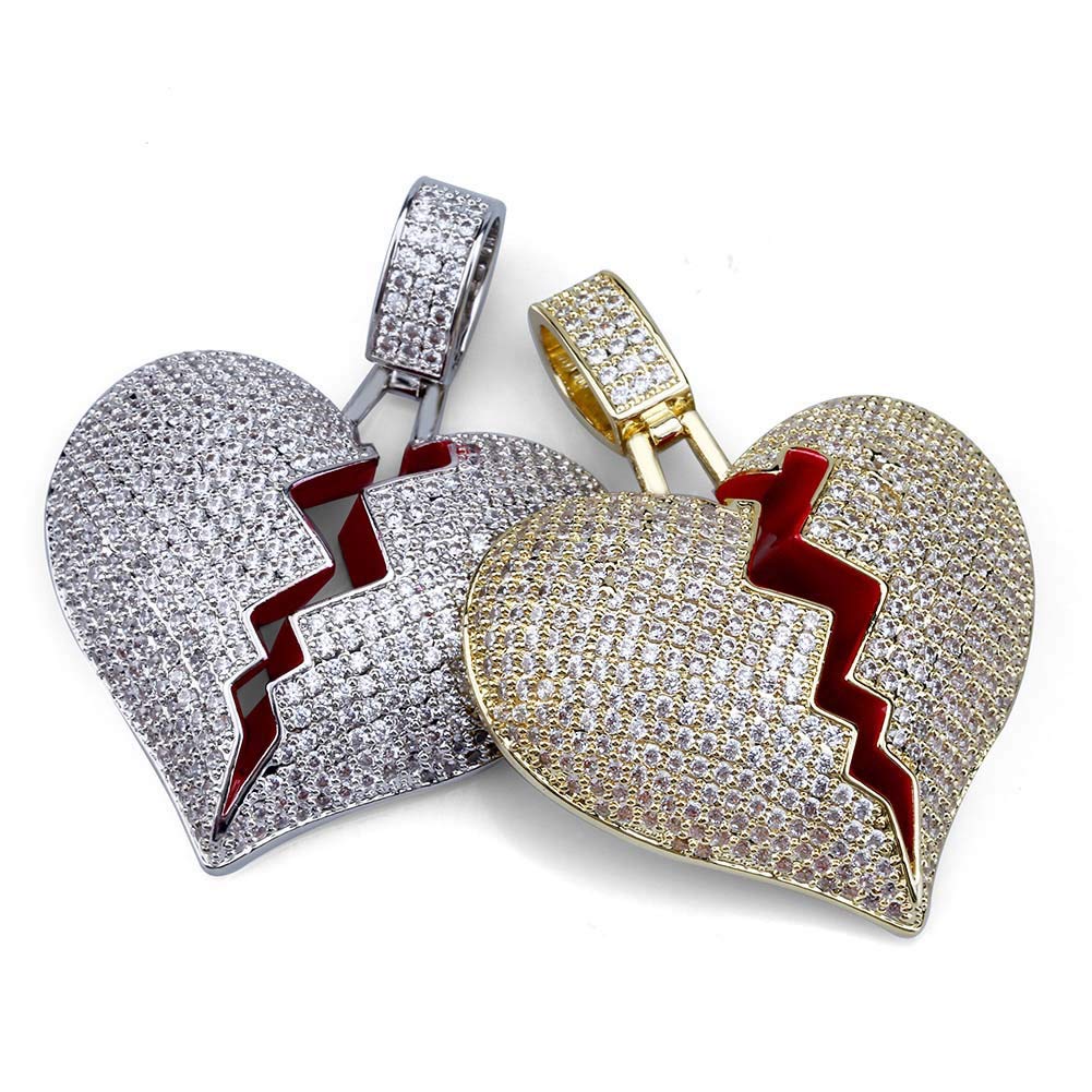 MOLEK Iced Out Hip Hop Jewelry Gifts 18K Gold Plated Micro Pave Bling CZ Broken Heart Pendant Necklace (Gold)