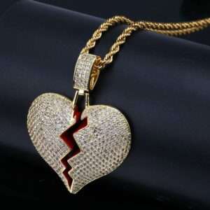 MOLEK Iced Out Hip Hop Jewelry Gifts 18K Gold Plated Micro Pave Bling CZ Broken Heart Pendant Necklace (Gold)