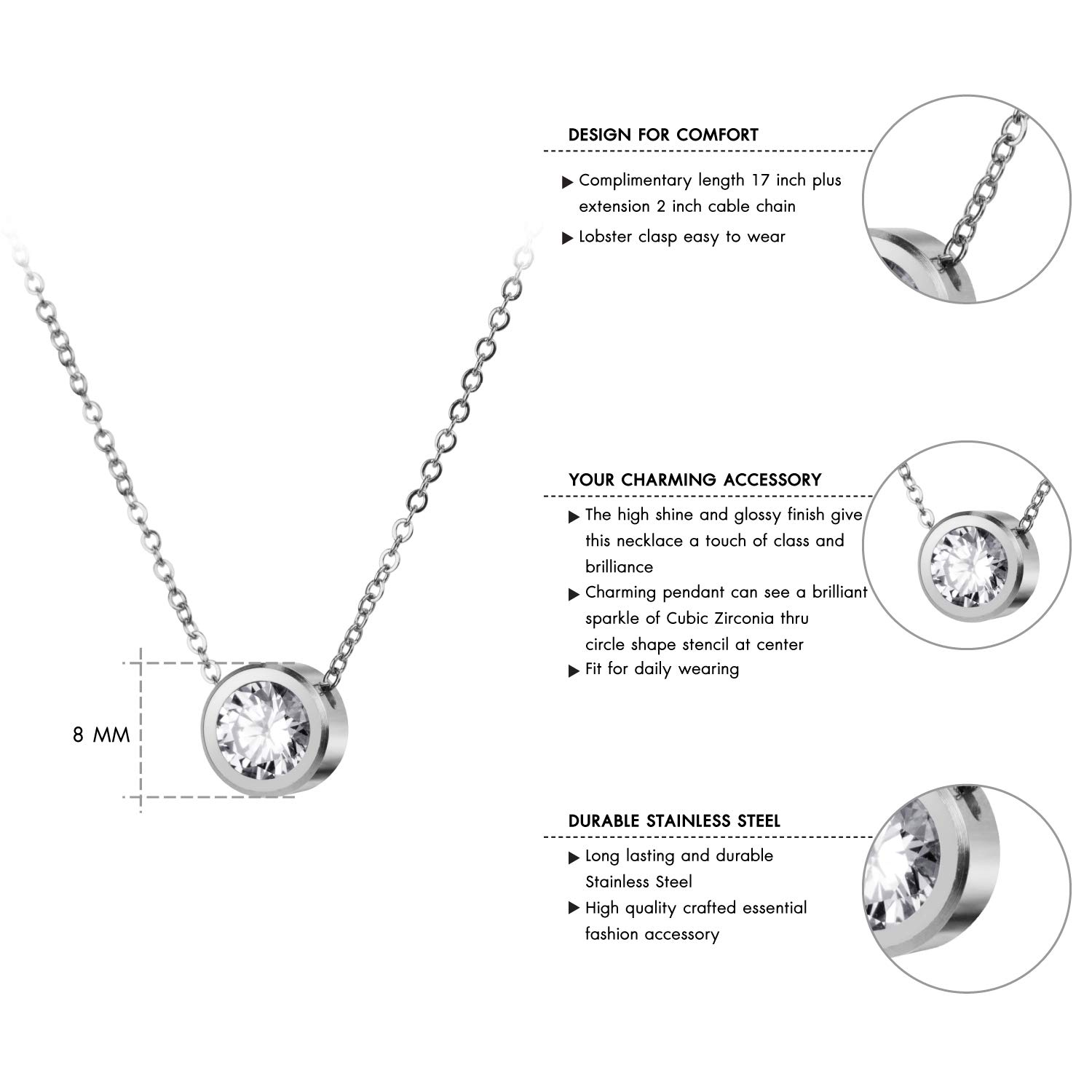 555Jewelry Stainless Steel Round CZ Cubic Zirconia Engraved Cut Solitaire Sparkly Bezel Set Halo Tiny Minimal Circle Fashion Accessory Jewelry Hanging Pendant Necklace, Silver