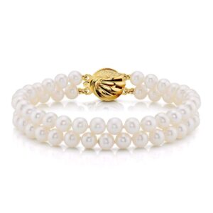 The Pearl Source Yellow Gold Plated 6.0-6.5mm AAAA Quality Round White Freshwater Cultured Pearl Double Strand Bracelet for Women