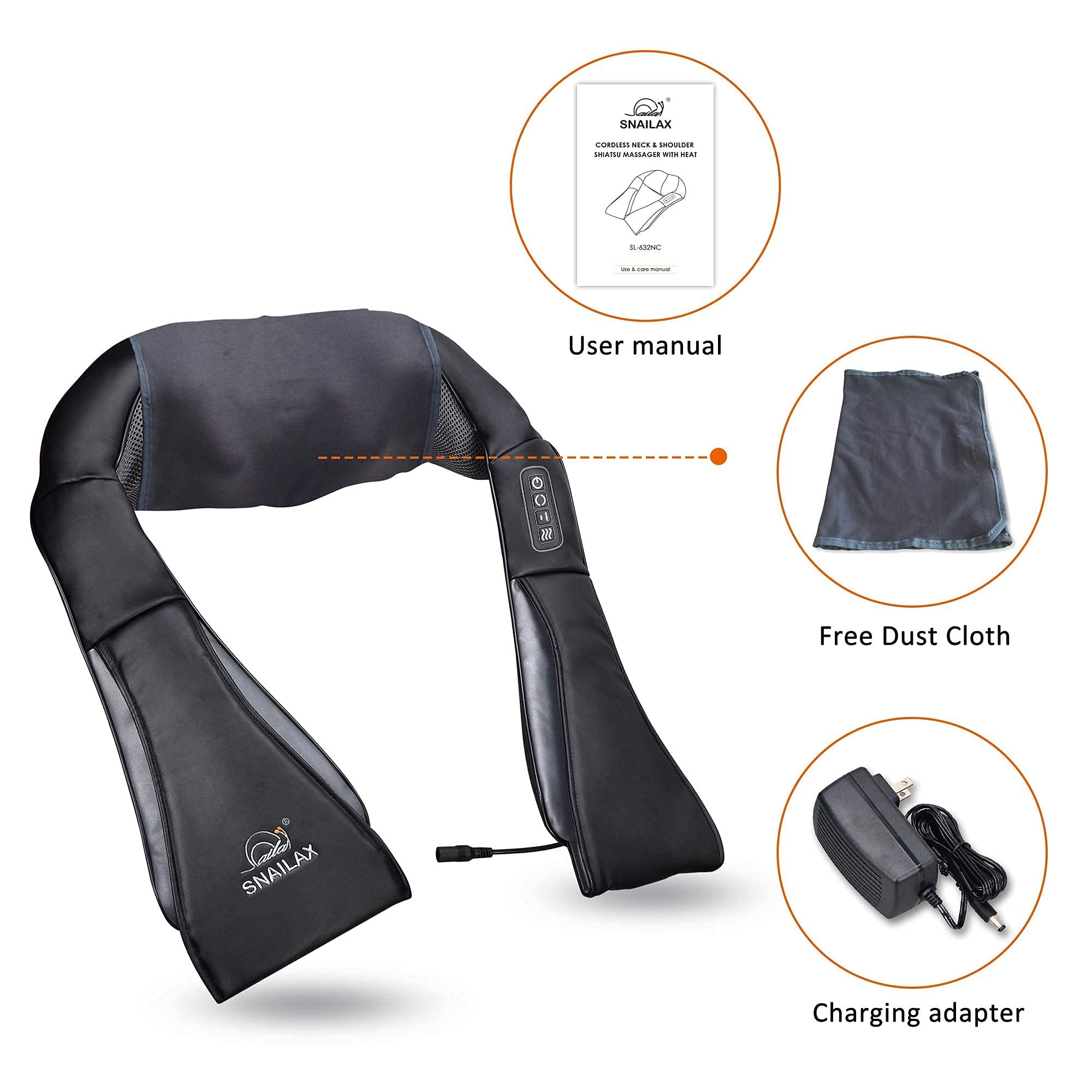 Snailax Cordless Massager - Shiatsu Neck and Shoulder Massager with Heat, Portable, Lumbar, Foot Electric Massage Pillow