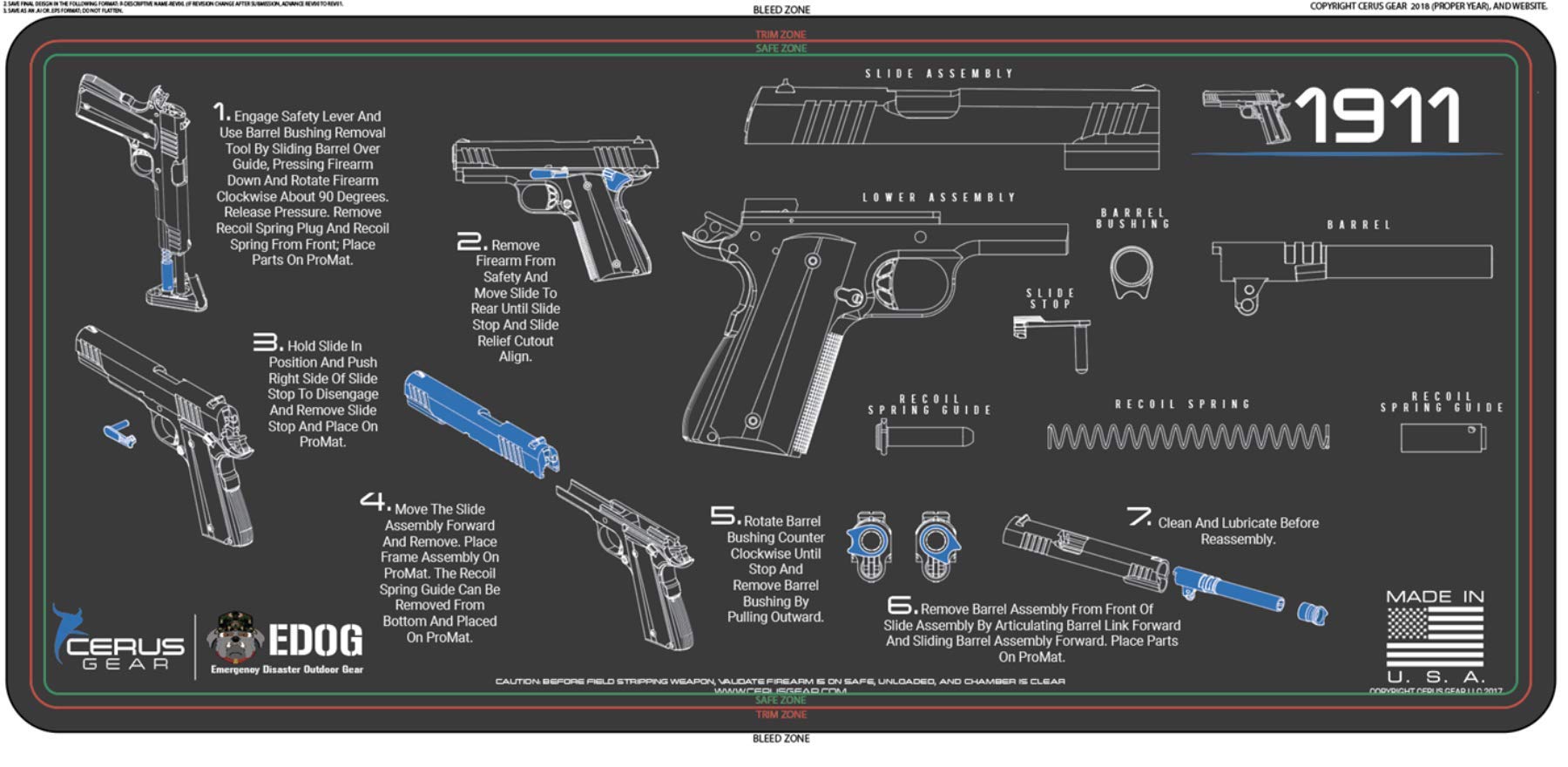 EDOG 1911 Cerus Gear Instructional Step by Step Heavy Duty Cleaning 12x27 Padded Gun- Work Surface Protector Mat Solvent & Oil Resistant