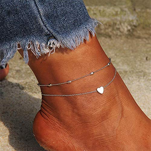 Artmiss Layered Anklets Women Heart Silver Ankle Bracelet Charm Beaded Dainty Foot Jewelry for Women Summer Barefoot Beach Anklet