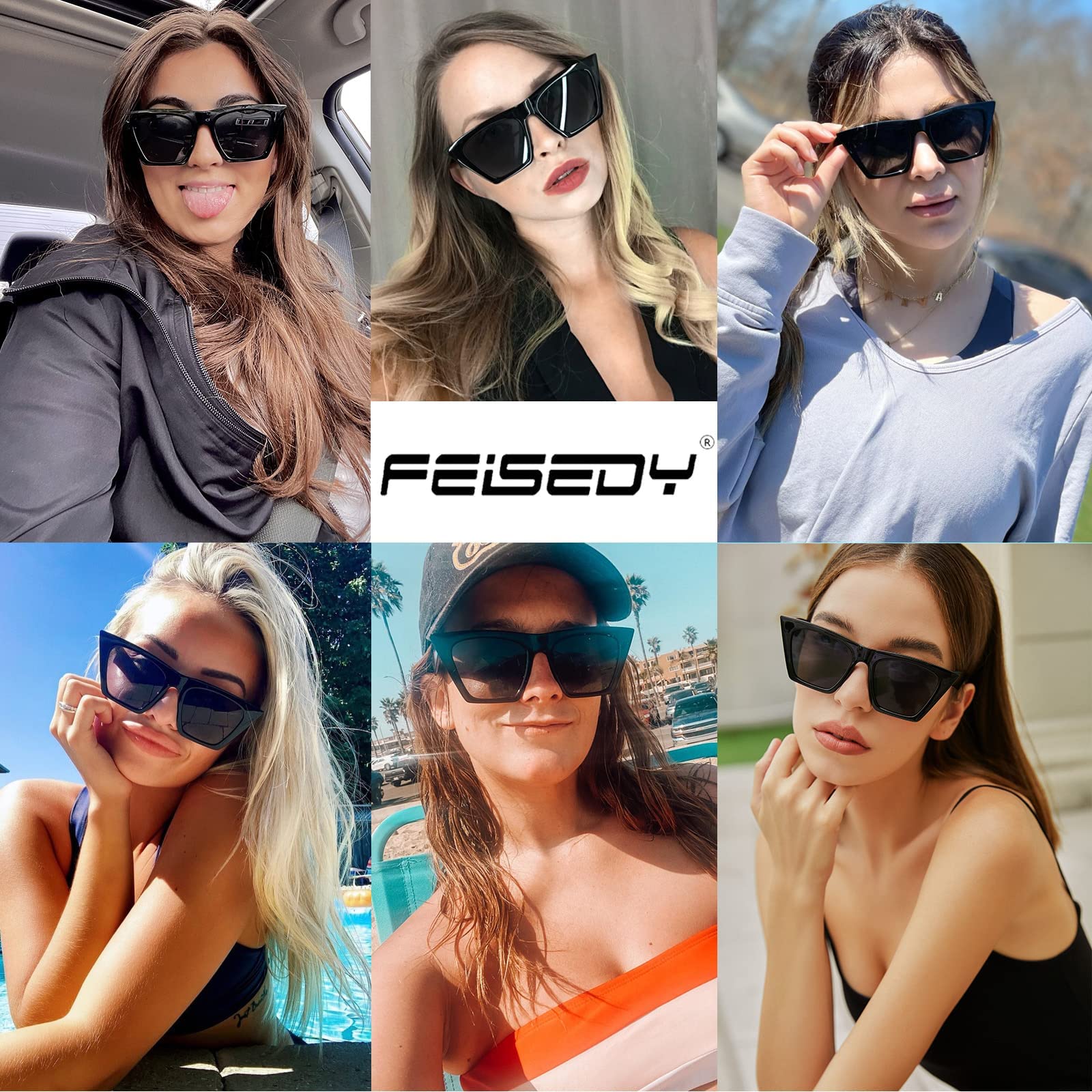 FEISEDY Vintage Square Cat Eye Sunglasses Women Trendy Cateye Sunglasses B2473