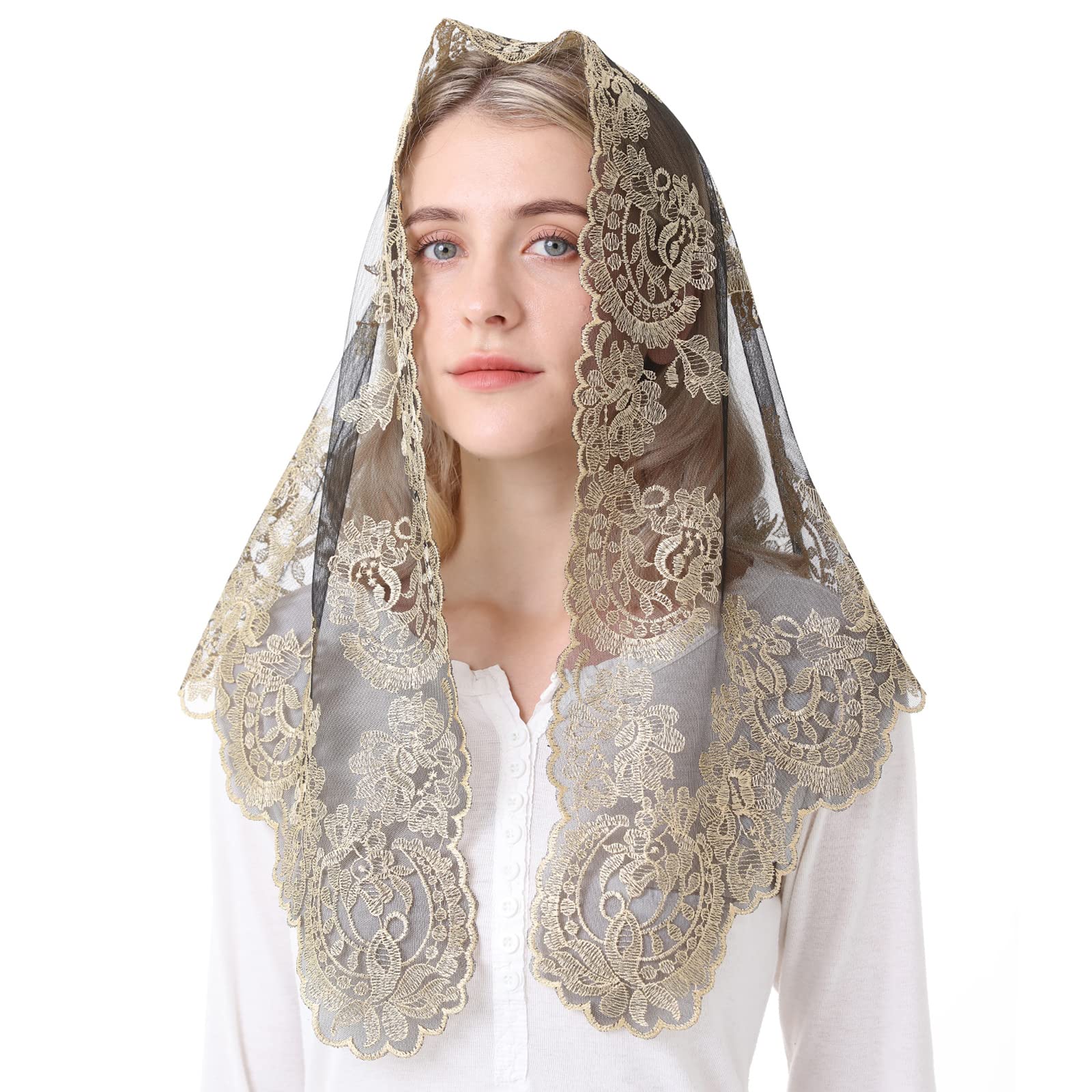 Spanish Mantilla Gold Chaple Veil Traditional Mass Church Mantilla Catholic Mass Head Covering First Holy Communion Latin Mass (black and gold)