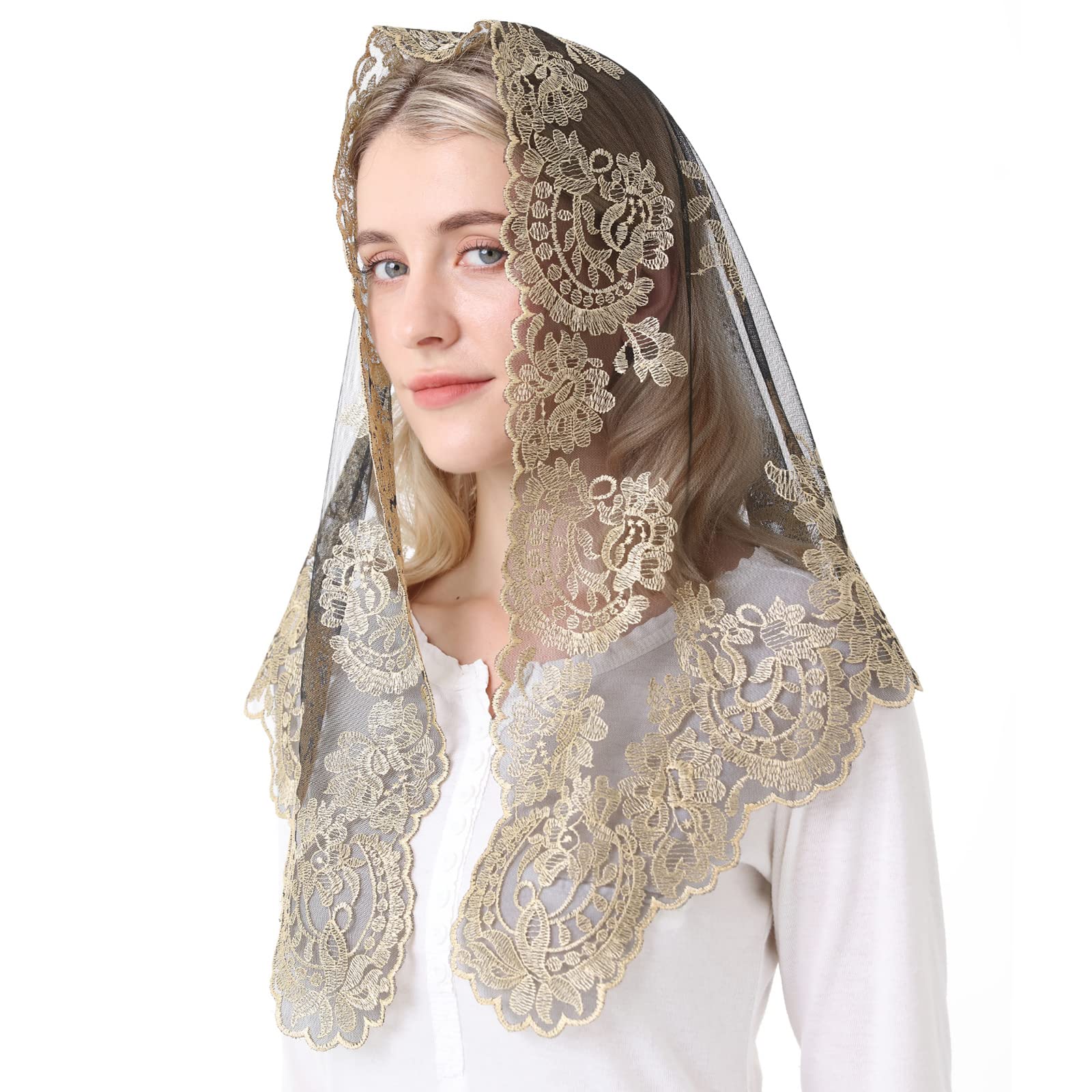 Spanish Mantilla Gold Chaple Veil Traditional Mass Church Mantilla Catholic Mass Head Covering First Holy Communion Latin Mass (black and gold)