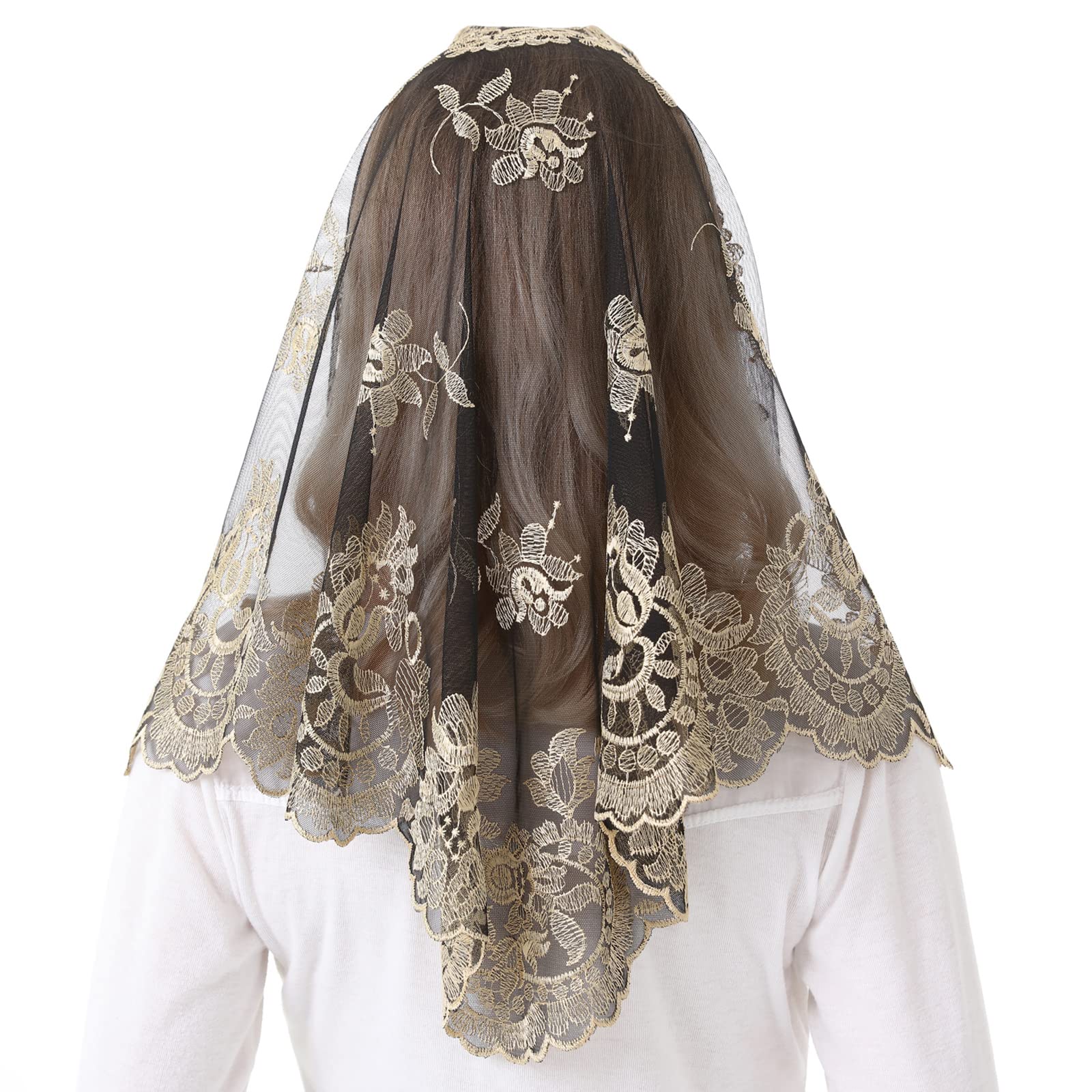 Spanish Mantilla Gold Chaple Veil Traditional Mass Church Mantilla Catholic Mass Head Covering First Holy Communion Latin Mass (black and gold)