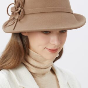 BABEYOND Womens 1920s Bucket Hat Winter Wool Crushable Bowler Hat Vintage Cloche Round Hat with Floral Accent (Camel)