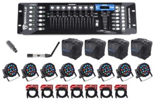 rockville 192-channel dmx controller+lighting transmitter+receiver+8 par lights