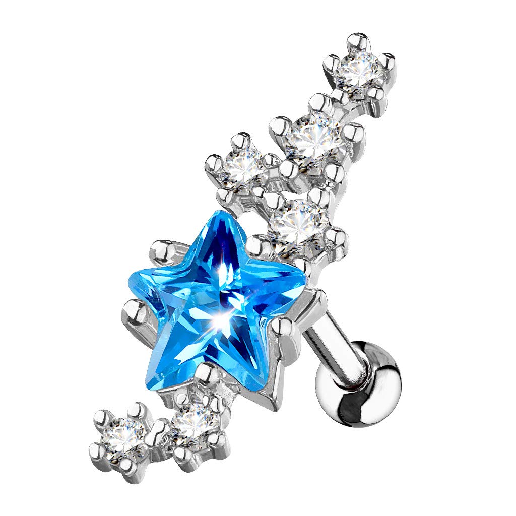 Lined Cluster CZ Stars with Large Star Center 316L Surgical Steel WildKlass Cartilage, Tragus Barbell Studs (Clear/Aqua)