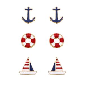 rosemarie collections women's ships ahoy nautical stud enamel earrings set of 3 (anchor lifesaver sailboat)