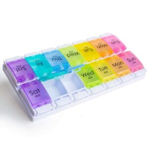 rms weekly and daily pill organizer - 7 day pill planner, dispenser case for medication, vitamin supplements with easy press open design and large capacity (twice per day)